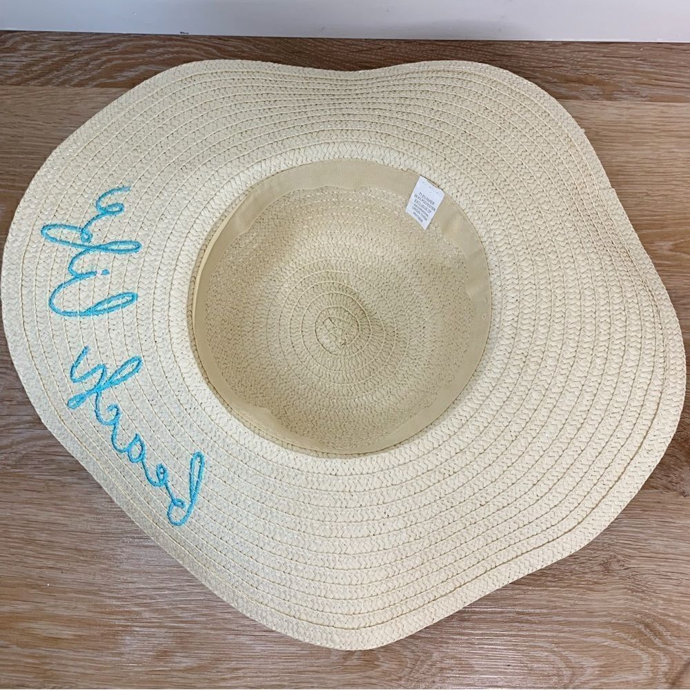 NWOT Embroidered Beach Life Wide Brim Straw Sun Hat - Picture 7 of 8